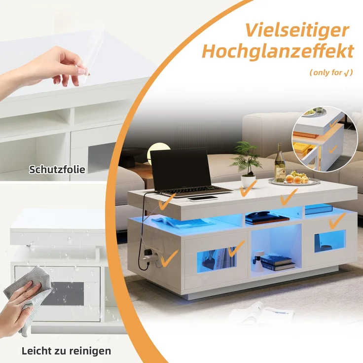 Couchtisch mit Hochglanzoberfläche, LED-Lichtstreifen & Stauraum, 100x50x43 cm, Weiß – Bild 7