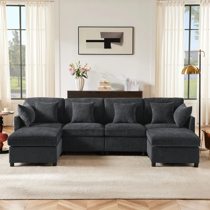 Big-Sofa mit Rückenkissen, Zierkissen und loser Kissen, 6-Sitzer Sofa, L-Form, U‑Form, Chenille Bezug – Bild 2