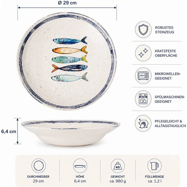 WestCraft Speiseteller Teller, mediterran mit Sardinen-Motiv, Maritime Pastateller 29 cm, (4 St), 4er Set, hochwertig und robust - langlebig und vielseitig einsetzbar – Bild 3