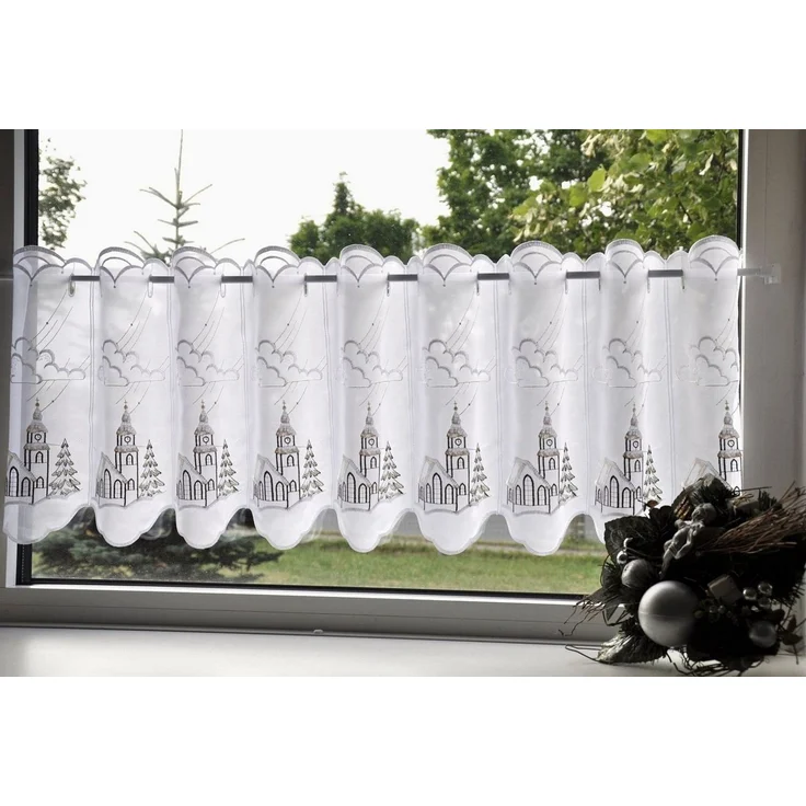 Stickereien Plauen Scheibengardine Kirche (1 St), Durchzuglöcher, transparent, Voile, veredelt mit echter Plauener Spitze Stickerei – Bild 2