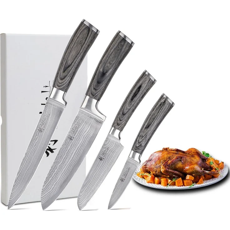 Wakoli Messer-Set EDIS 4er Damastmesser-Set I 8-18 cm Klinge I Pakkaholzgriffe (Damastmesser mit Geschenkbox, 4-tlg), 67 Lagen Damaststahl, VG-10 Stahlkern – Bild 1
