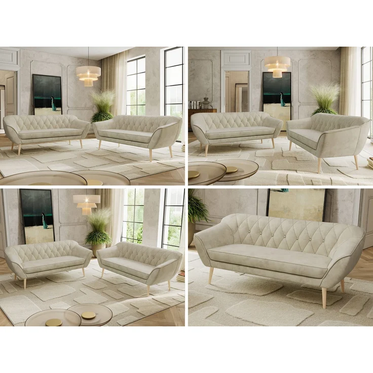 Wohnzimmerset Möbelset PIRS 3-3, Armlehnen, Wellenfederung, Buche Füße, Dreisitzer Sofa, Polstermöbel Set - Hellgrau Velvet – Bild 2