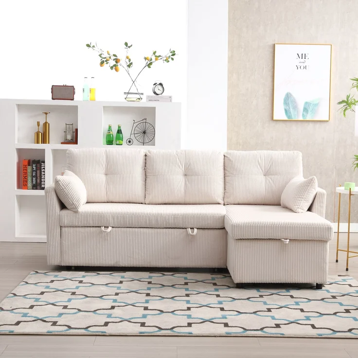 Multifunktionales L-förmiges Schlafsofa mit verstecktem Stauraum, 3 große Kissen, 2 kleine Kissen, seitliche Ablagefächer,Beige – Bild 2