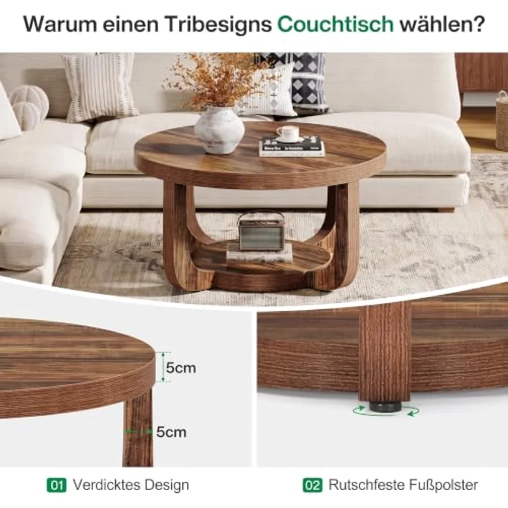 LITTLE TREE Runder Couchtisch 80 cm, 2-stöckiger Wohnzimmertisch mit Ablage | Landhausstil Kaffeetisch, Holz‑Optik Tisch für Wohnzimmer, Schlafzimmer und Lounge – Bild 4