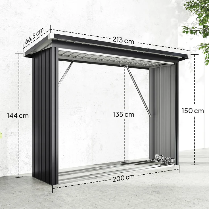 Outsunny Kaminholzregal, Verzinkter Stahl, Dunkelgrau, 213L x 66,5B x 150H cm – Bild 3