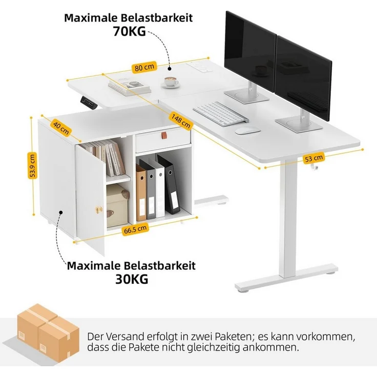 HOMALL Eckschreibtisch L-förmig Höhenverstellbarer schreibtisch mit Schrank und Schublade (Maße: 148 x 80 cm, mit integrierter Steckdose und USB-Anschluss, großzügiger Stauraum: mit Schubladen, Schränken und offenen Ablagefächern, maximale Tragkraft 70... – Bild 2
