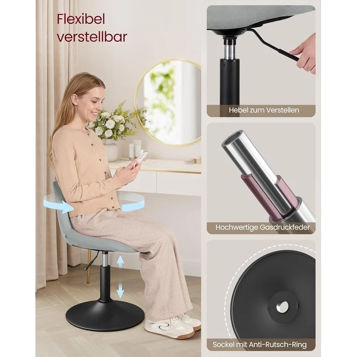 VASAGLE Schminkhocker, Schminkstuhl mit Rückenlehne, höhenverstellbar, um 360° drehbar, für Schlafzimmer, Esszimer, Samt-Bezug, Taubengrau LJB160GD01 – Bild 7