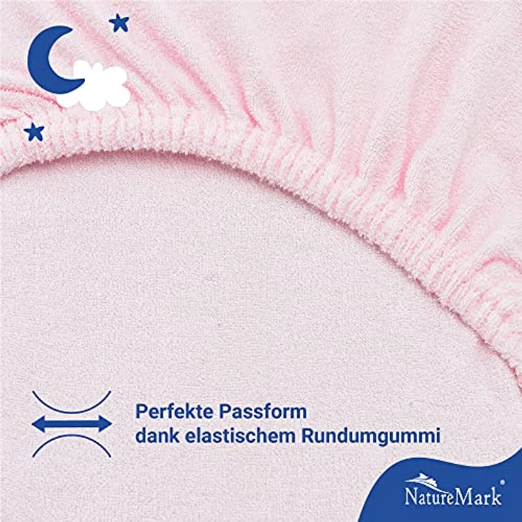 NatureMark Spannbettlaken Frottee Spannbettlaken, 80% Baumwolle / 20% Polyester, Gummizug: rundum, (2 Stück), 2er Set Kinder Spannbettlaken Frottee, Spannbetttuch 80% Baumwolle / 20% Polyester, für Babybett und Kinderbett, 70x140 cm - Rosa – Bild 4