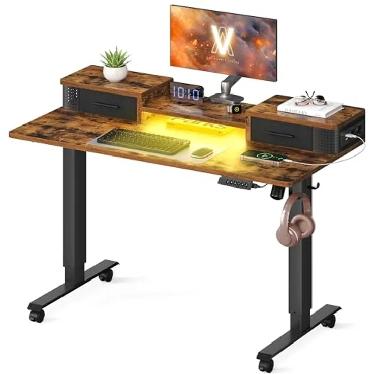 Vasagle Höhenverstellbarer Schreibtisch elektrisch, 60x120 x (72-120) cm, stufenlos verstellbar, mit Monitorständer, Haken, Memory-Funktion, vintagebraun