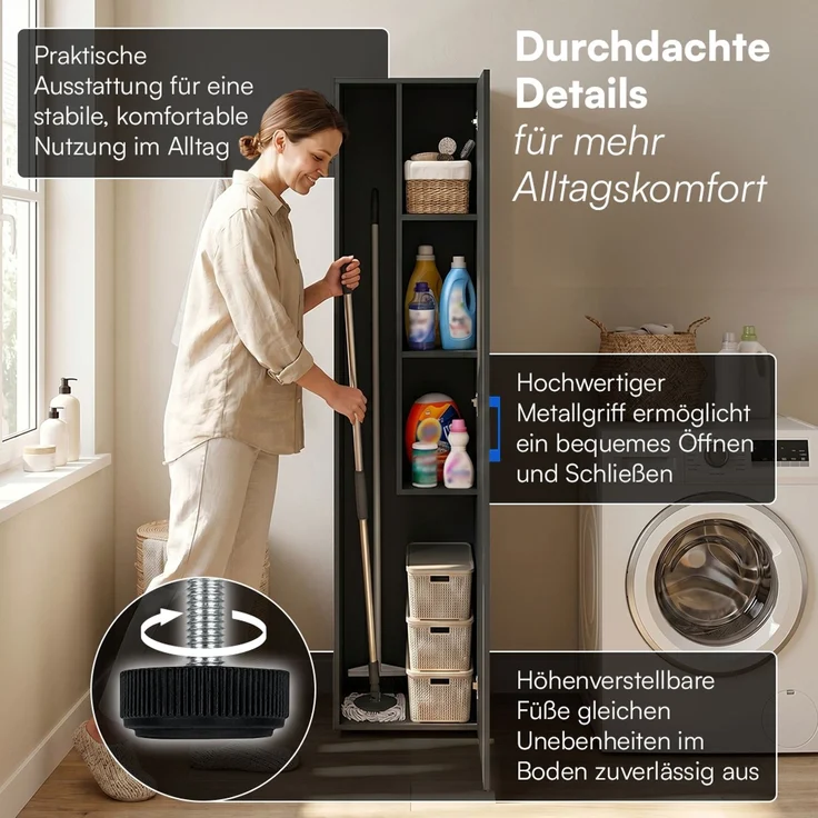 Bellamio 'Apol' Mehrzweckschrank schmal, schwarz, 176x33x40 cm, Besenschrank mit Staubsaugerfach und 3 kleinen Fächern – Bild 4