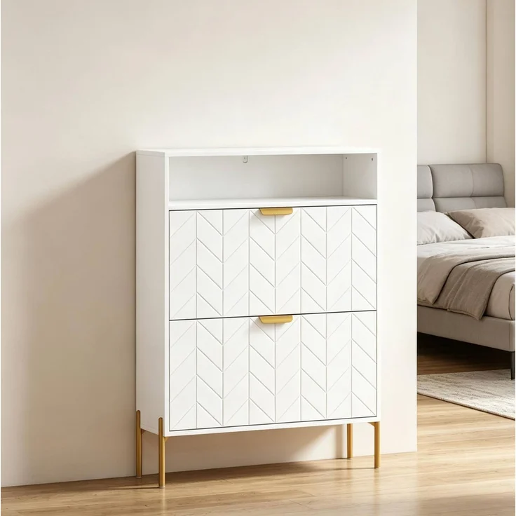 DESVIAE Garderobenschrank Weiß aus MDF/Partikelplatte – 80x110x23,7 cm – 2 Kippschränke, offenes Fach – Bild 3
