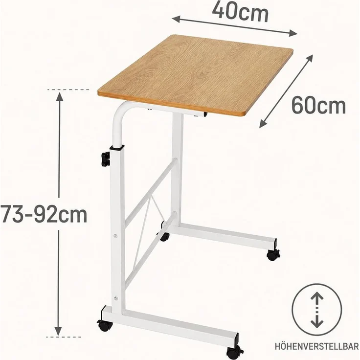 Laptoptisch, Mobiler Schreibtisch, Höhenverstellbar Beistelltisch, Notebooktisch mit Rollen, 60x40 cm – Bild 5