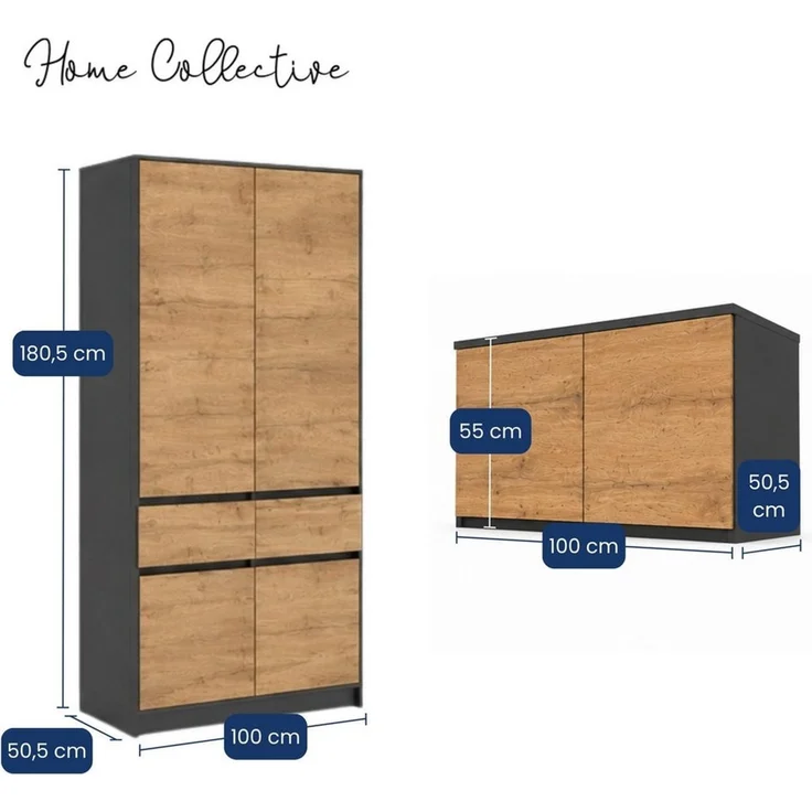 Home Collective Kleiderschrank Schrank Schlafzimmer Garderobenschrank Mehrzweckschrank Hochschrank (100 cm breit, mit 2 Schubladen, Kleiderstange & Einlegeböden) Wäscheschrank, vielseitig, grifflose Front mit Aufsatz Anthrazit-Eiche – Bild 2