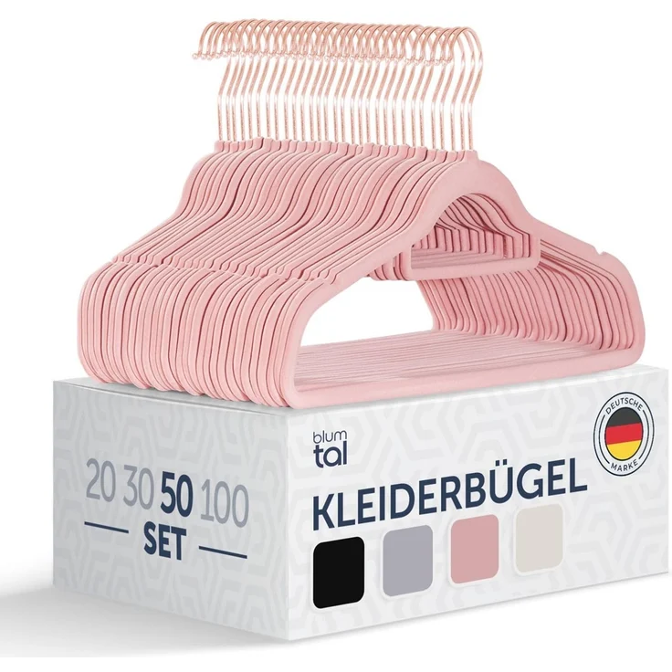 Blumtal Kleiderbügel 50 Stück - 360° Drehbar, Belastbar, Platzsparend Und Rutschfest - Rosa Samtbügel Mit Bezug