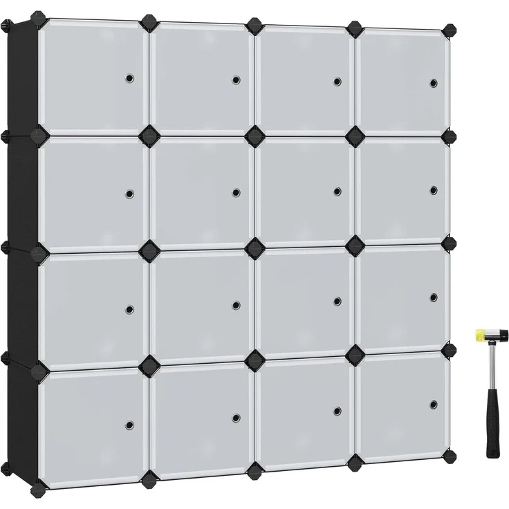 Songmics Regalsystem, Schuhregal, Set aus 16 Würfeln, Kleiderschrank aus Kunststoff, mit Türen, Steckregal, Aufbewahrung von Kleidung, Schuhen und Büchern, einfache Montage, schwarz LPC44HS – Bild 1
