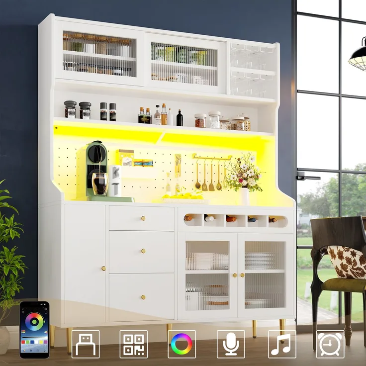 EINHOM Hochschränke fürs Wohnzimmer, Küchenschrank, Esszimmerschrank, Wohnzimmer-Schrank mit verstellbaren Einlegeböden, Schränke mit LED-Beleuchtung, Schublade mit Weinregal, 145 x 39 x 171 cm, Weiß