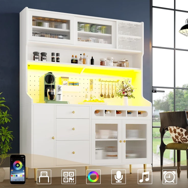 EINHOM Hochschränke fürs Wohnzimmer, Küchenschrank, Esszimmerschrank, Wohnzimmer-Schrank mit verstellbaren Einlegeböden, Schränke mit LED-Beleuchtung, Schublade mit Weinregal, 145 x 39 x 171 cm, Weiß – Bild 1