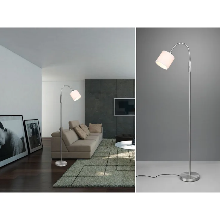 Kleine LED Stehleuchte Silber Stoffschirm Weiß mit Flexarm, Höhe 130cm