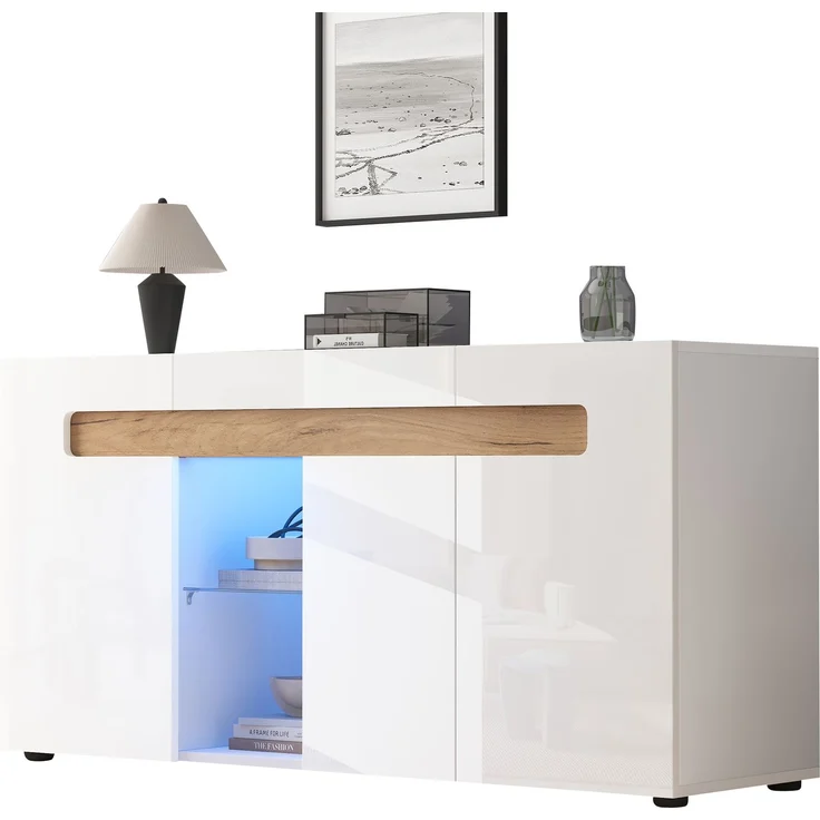 ZUBALIYA Sideboard 140x40x70 cm, mit LED-Beleuchtung, mit App-Steuerung, Hochglanz, aus Spanplatte, Weiß / Natur – Bild 16