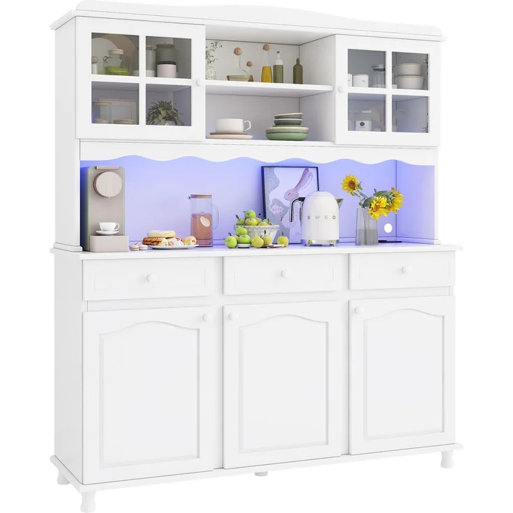 Küchenbuffet 135x40x185 cm in Weiß mit LED, Steckdosen und verstellbaren Böden – Bild 6