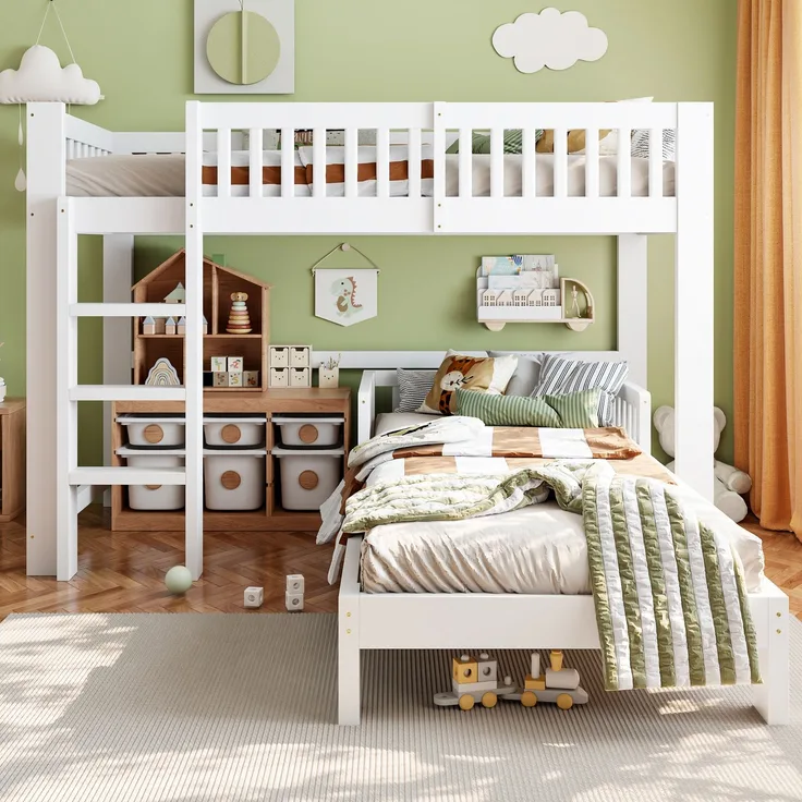 Abrihome Modulares Massivholz Kinderbett-Set 90x200 cm, Hochbett+Einzelbett, Weiß, Absturzsicherung
