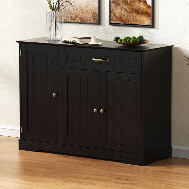 Modernes, elegantes Sideboard mit 3 Türen und einer Schublade, Buffetschrank für Esszimmer, Wohnzimmer und Diele (Schwarz) – Bild 3