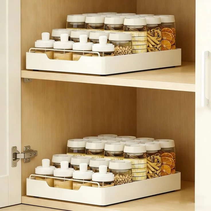 BlingBin Küchenorganizer-Set Teleskopschublade, Ausziehbare Schublade Küche Organizer Schrank, (2er Set, 2-tlg, 43L x 35B x 6H cm, Erweiterbar Küchenschublade mit Kleber), Schubladen-Aufbewahrungsregale für Küche, Ohne Bohren, Weiß