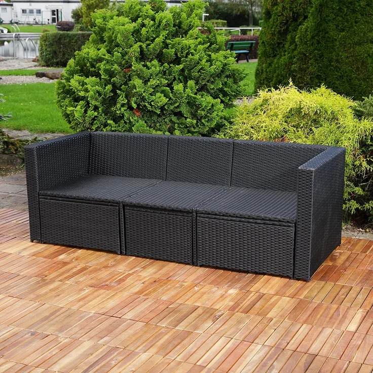 Rattanmöbel schwarz Sitzgruppe Poly Rattan Sofa und 2 Hocker Lounge – Bild 4