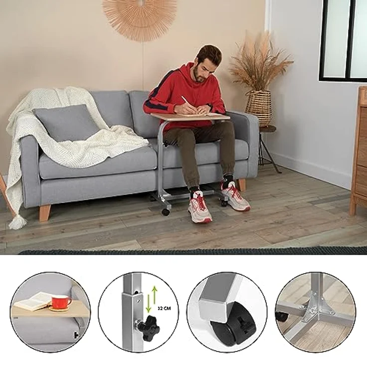 MEUBLE COSY Laptoptisch Höhenverstellbar mit Rollen Laptopständer Beistelltisch Sofatisch Nachttisch, Gestell aus Metall, Tischplatte aus Holz, Eiche, 48 x 37 x 79 cm – Bild 5