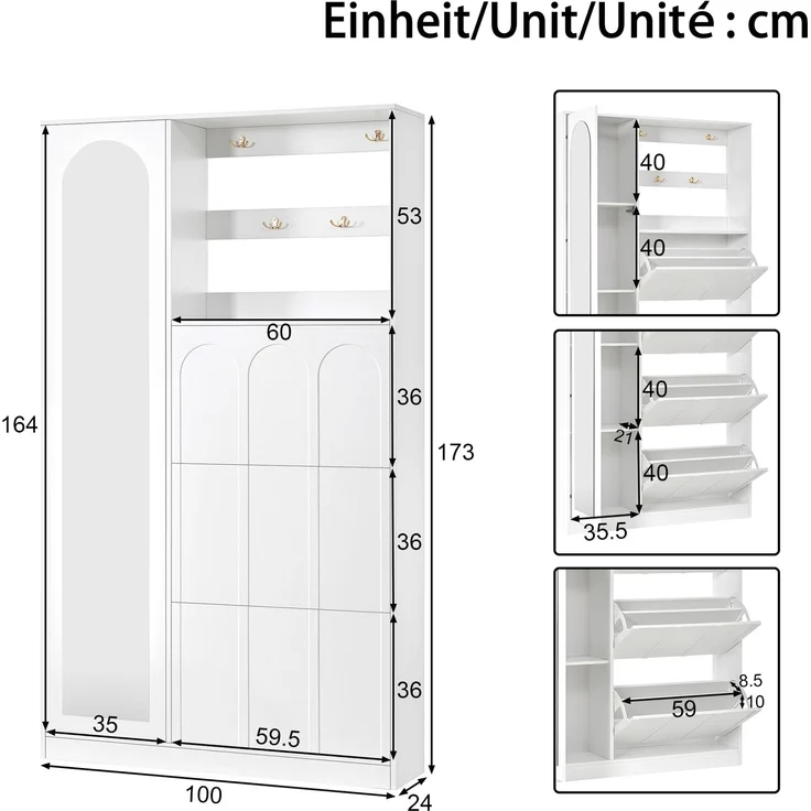 Garderobenschrank aus MDF mit Spiegel und 3 Schuhklappen, 100x24x164 cm, Weiß – Bild 4
