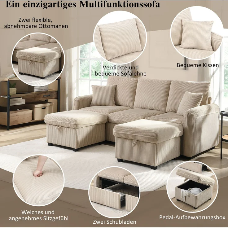 DESVIAE Sofa mit Schlaffunktion und Stauraum, Cord-Stoff, Beige, 188 x 186 x 86 cm – Bild 3