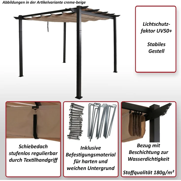 Mendler 'HWC-N93' Pergola, stabiles 8cm-Gestell mit Schiebedach UV50+ 3x3 m, Aluminium, Grau – Bild 2