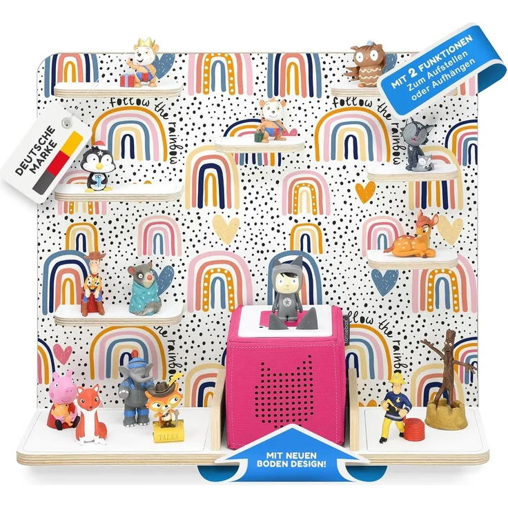 stadtecken Holzregal für Musikbox I Geeignet für die Toniebox und ca. 50 Tonies I Perfekte Tonie Aufbewahrung im Kinderzimmer I Zum Aufstellen oder Aufhängen I Follow The Rainbow, groß