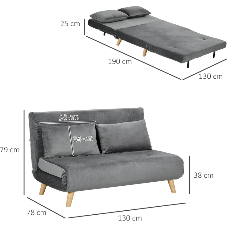 HOMCOM 2-Sitzer Sofa mit Bettfunktion, verstellbare Rückenlehne, Samtoptik, bis 250 kg belastbar, Grau, 130 x 78 x 79 cm – Bild 3