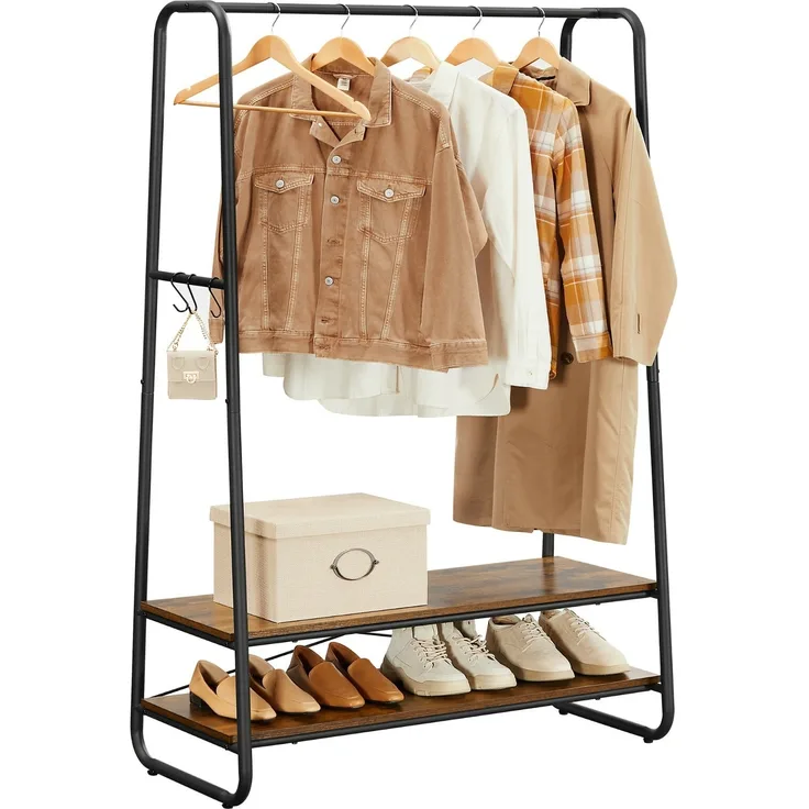 Vasagle Kleiderständer mit 2 Ablagen und 6 Haken, Stahlgestell Braun/Schwarz, 100 x 45 x 160 cm