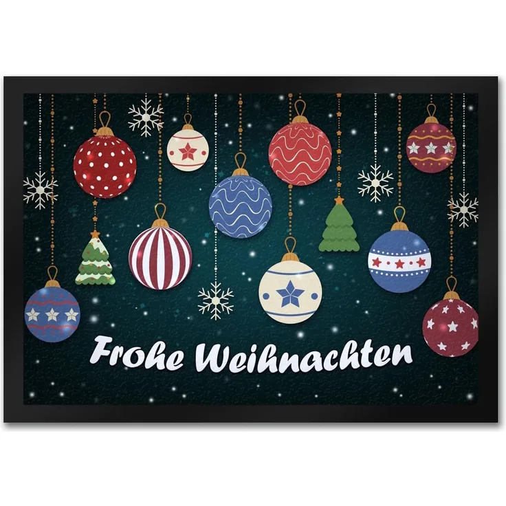 speecheese Fußmatte Frohe Weihnachten Fußmatte mit Christbaumkugeln Motiv Kugeln Schnee