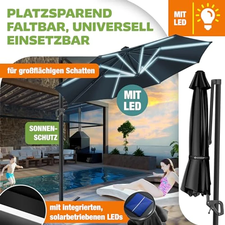 KESSER® Sonnenschirm Ampelschirm Sun Rund XL, Schwarz, Mit LED – Bild 5