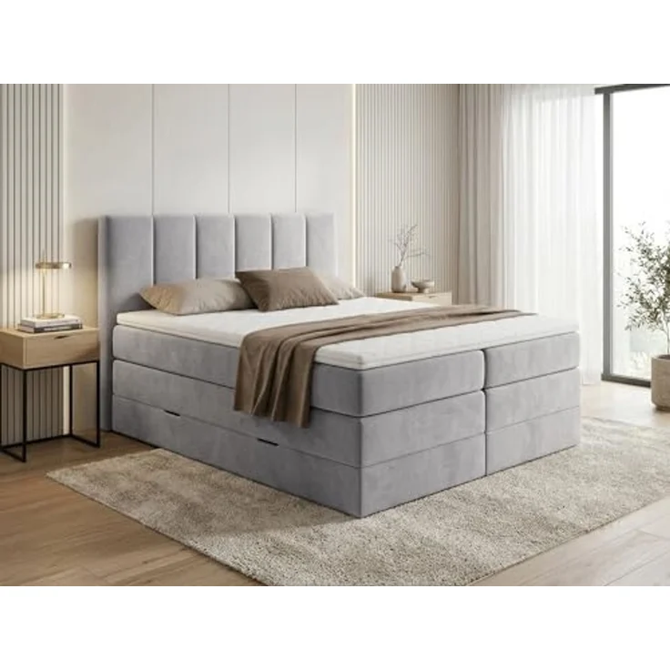 Boxspringbett Star XL mit 2 Bettkästen und Topper, mit Taschenfederkern- und Bonellfederkernmatratze, Doppelbett, Polsterbett aus Veloursstoff mit Stauraum (Grau (Paros 05), 180x200 cm) – Bild 2