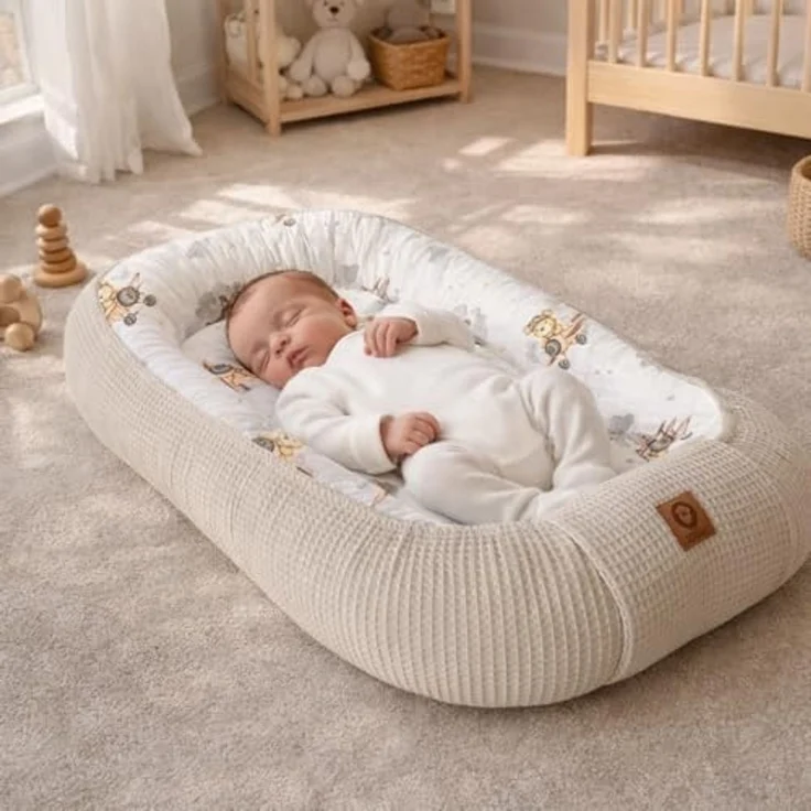 Babynest Nestchen Baby Set für Neugeborene – 5-teilig – Kuschelnest aus 100% Baumwolle & Waffelpique – Babykokon tragbar – für Babybett, Kinderbett & Kinderwagen – OEKO-TEX - Flugzeuge und Sand – Bild 2