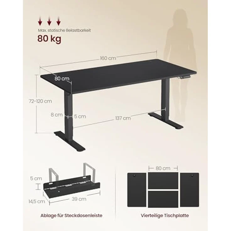 VASAGLE Höhenverstellbarer Schreibtisch, 160x80 cm, USB-C-Anschluss, Ablage für Steckdosenleiste, Stehtisch, Erinnerung bei langem Sitzen, 3 Speichertasten, für Büro, tintenschwarz LSD146BZ02 – Bild 4