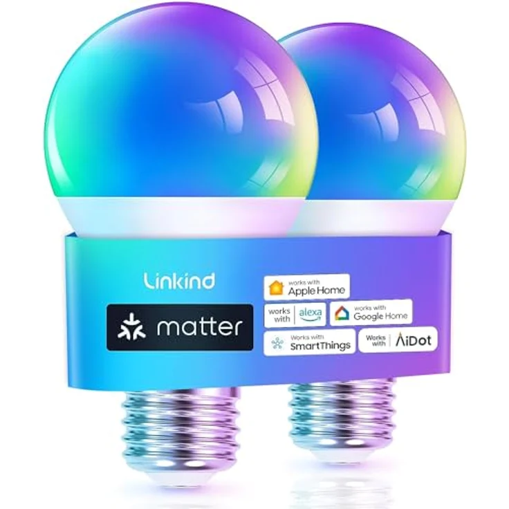 Linkind Matter Smart RGBTW Glühbirne, E27 Lampe Alexa, 45 Szenen & Musiksync, 16 Mio. Farben, Matter über 2.4GHz WiFi, A60 LED Birne kompatibel mit Apple Home/Siri/SmartThings/Google Home, 2 Stück – Bild 1