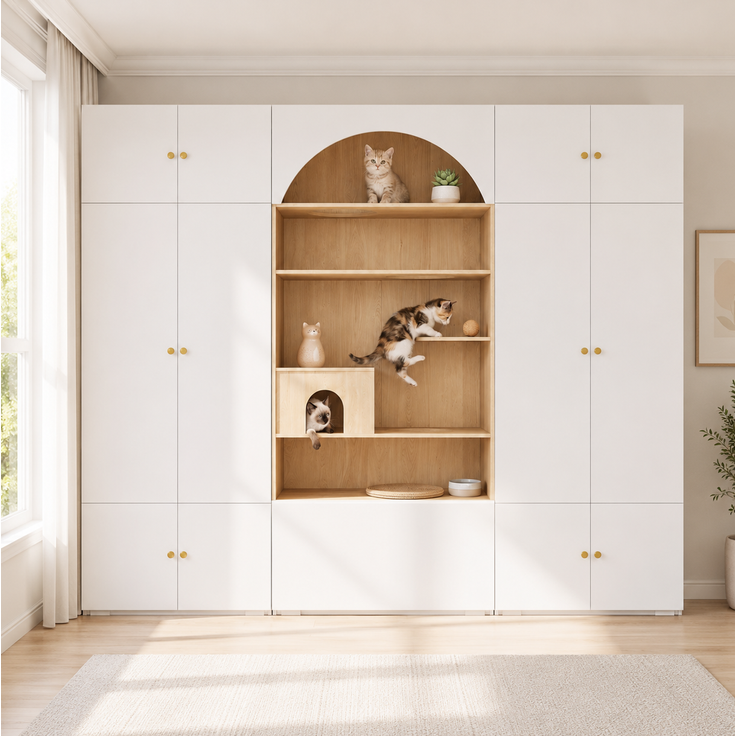 CHICFURN Kleiderschrank 270x200x50 cm mit Kleiderstange und Katzenkletterwand – Weiß/Holzoptik – Bild 3