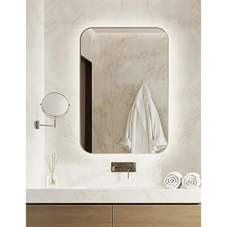 BD ART Luna_ZR Wandspiegel 50x70 cm, Badspiegel mit LED-Beleuchtung, Ganzkörperspiegel mit abgerundeten Ecken und natürlichem Spiegelglas – Bild 1