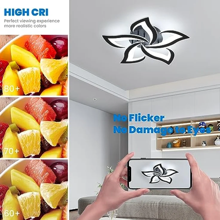 Comely Deckenlampe, LED Deckenleuchte 60W 6750lm, Kaltes Weiß 6500K Moderne Blütenblatt Design Deckenlampe für Wohnzimmer Küche Schlafzimmer Esszimmer, Dia 60cm,Schwarz – Bild 9