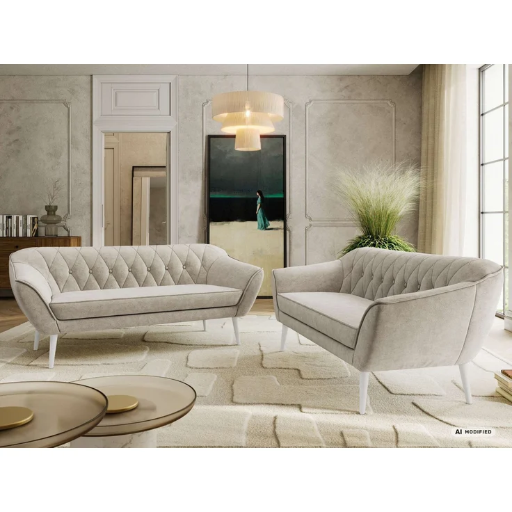 Wohnzimmerset Möbelset PIRS 3-3, Armlehnen, Wellenfederung, weiße Füße, Dreisitzer Sofa, Polstermöbel Set - Beige Stukture – Bild 4