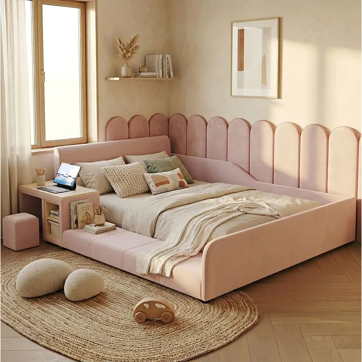 Kinder-Polsterbett, Samt mit Schreibtisch, Hocker & Ablageboden, 140x200 cm, Rosa, ohne Matratze
