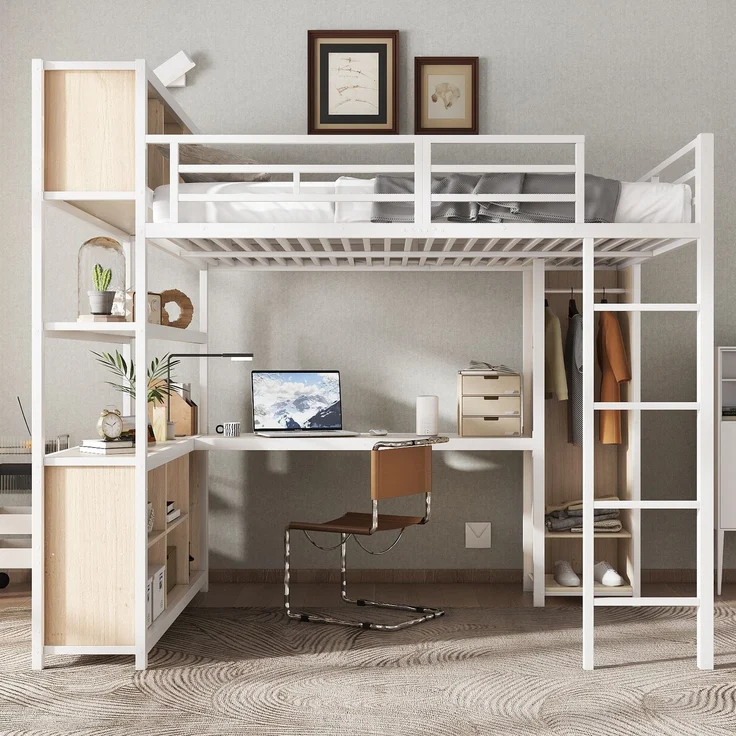 EINHOM Eisenbett, Hochbett, Doppelstöckiger Stauraum unter dem Schreibtisch, Oberes Bett mit Stauraum, Mit Kleiderschrank, Eisen + Spanplatte, Weiß+Natur, 140 x 200 cm (Ohne Matratze) – Bild 3