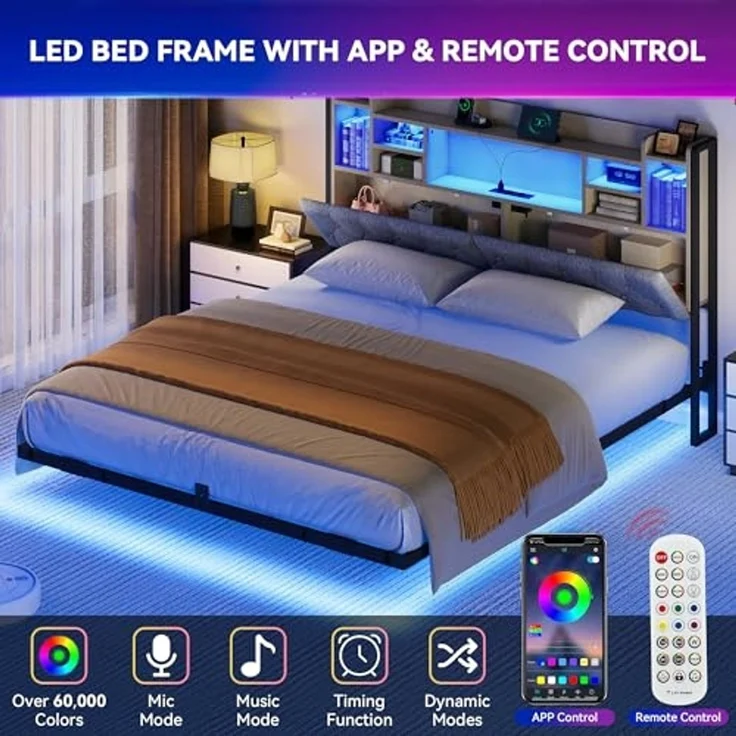 YITAHOME Bettgestell LED mit Kopfteil LED-Doppelbett 180x200CM mit schwebendem Design, Metallrahmen, Stoffbezug in Grau, inkl. USB-Ladestation und Beleuchtung, ohne Matratze – Bild 5