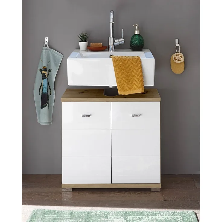 Waschbeckenunterschrank >Peter< in Weiß Hochglanz aus MDF - 60x57x31cm (BxHxT)