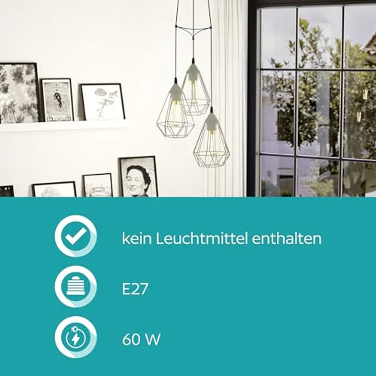 EGLO Cluster Hängelampe Tarbes, 3-flammige Pendelleuchte über Esstisch, Deckenlampe hängend aus Metall in Grau, Esszimmerlampe mit E27 Fassung, Ø 31 cm – Bild 5